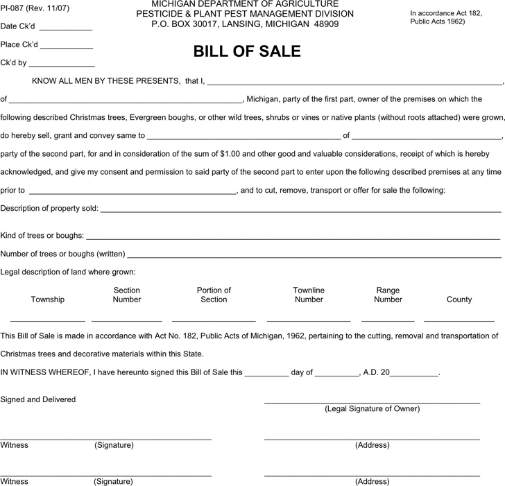 Michigan Plant Bill of Sale Form