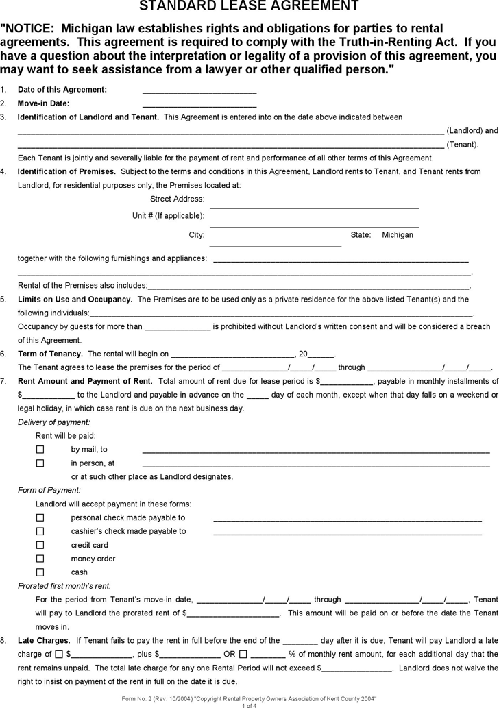 Free Michigan Standard Lease Agreement Form PDF 35KB 4 Page(s)