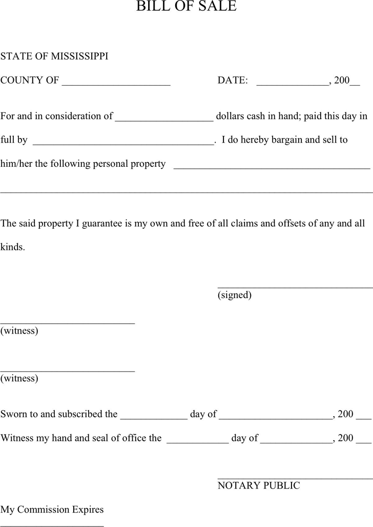 Mississippi Personal Property Bill of Sale Form