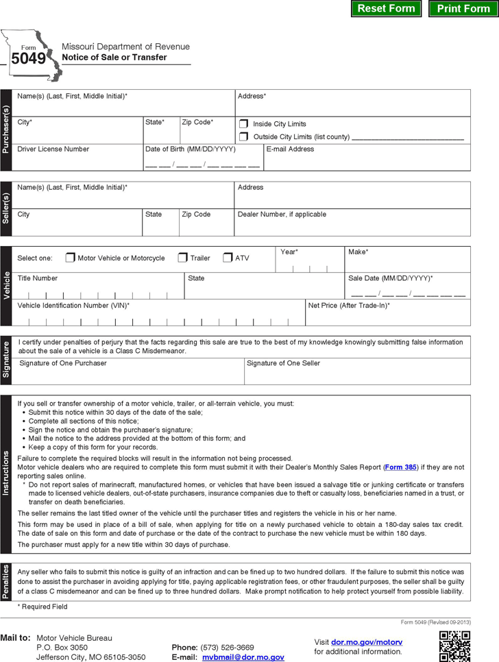 Free Missouri Vehicle Bill of Sale PDF 124KB 1 Page(s)