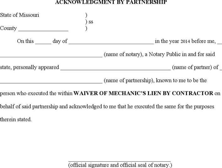 Missouri Waiver of Mechanic's Lien By Contractor Page 3