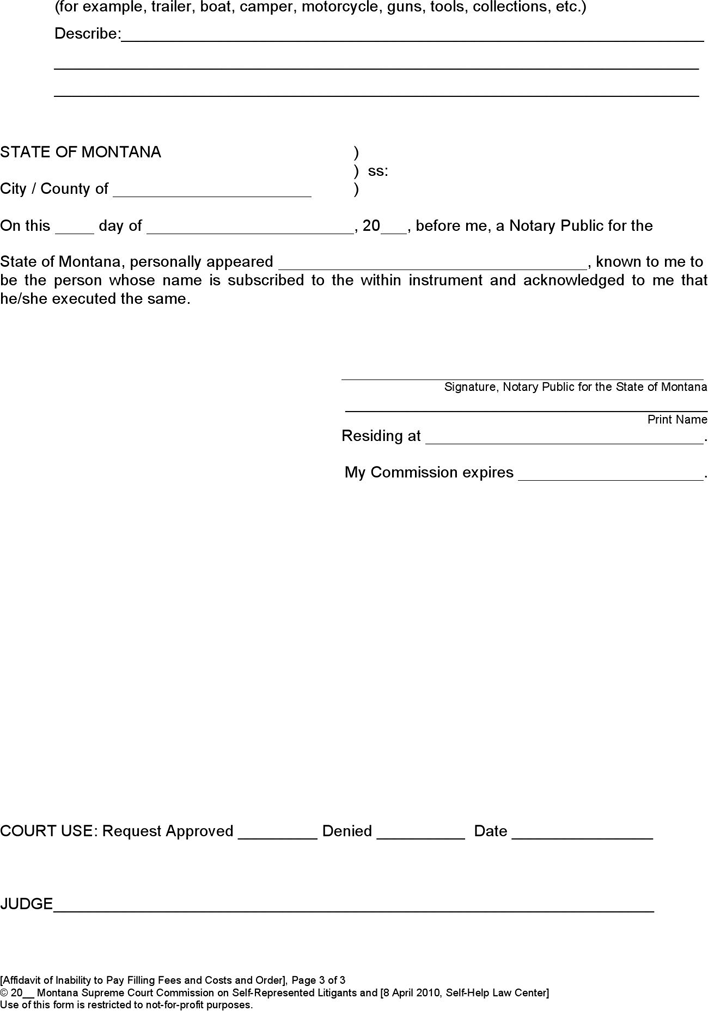 Montana Affidavit of Inability to Pay Form Page 3