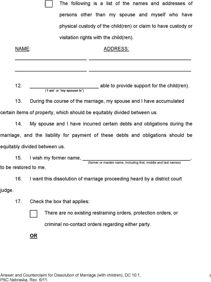 Nebraska Answer and Counterclaim for Dissolution of Marriage (Children) Form Page 5
