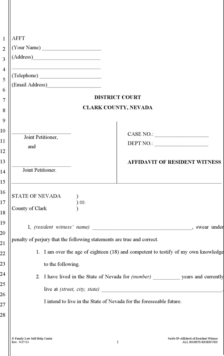 Free Nevada Affidavit of Resident Witness Form PDF 22KB 2 Page(s)