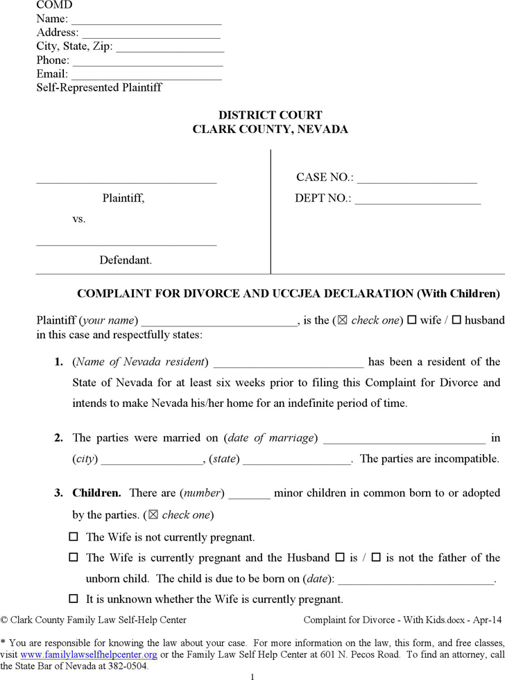 Nevada Complaint for Divorce (with Minor Children) Form