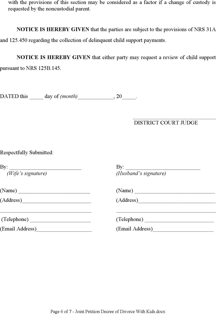 Nevada Decree of Divorce (With Children) Form Page 6