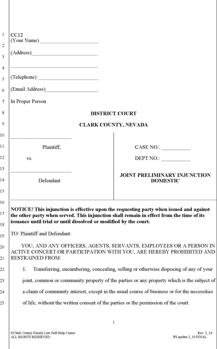Free Nevada Joint Preliminary Injunction (Optional) Form PDF 18KB