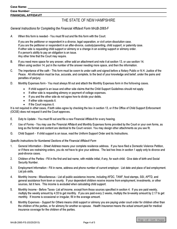 New Hampshire Financial Affidavit Form Page 4