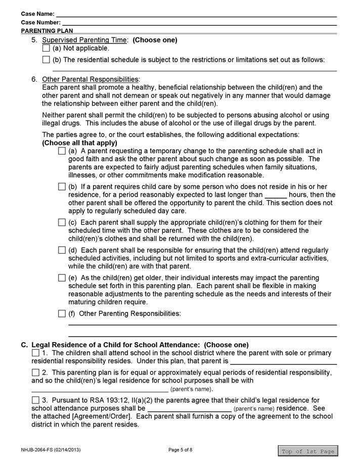 New Hampshire Parenting Plan Form Page 5