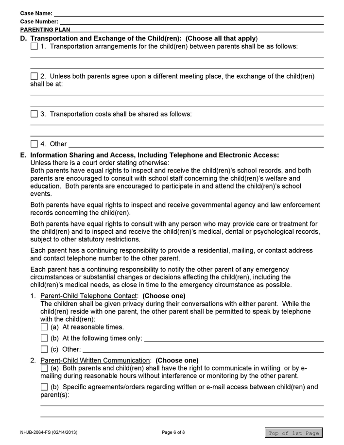 New Hampshire Parenting Plan Form Page 6