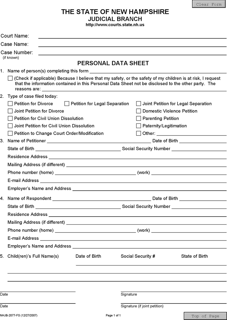 New Hampshire Personal Data Sheet
