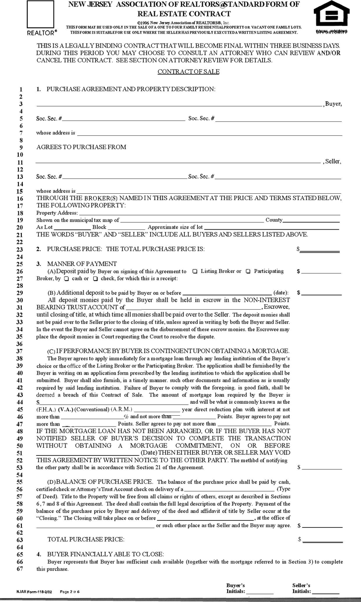 New Jersey Association of Realtors Standard Form of Real Estate Contract