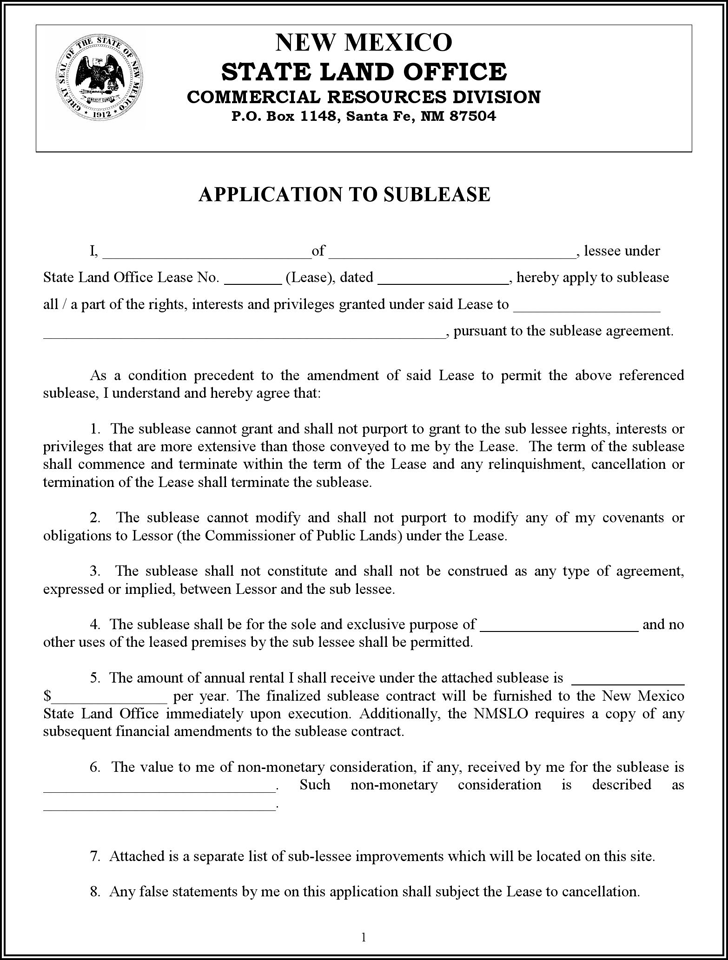 New Mexico Application to Sublease Form