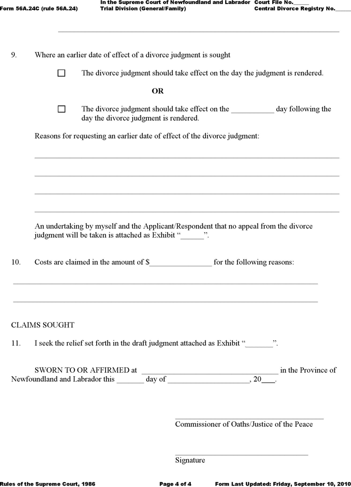 Newfoundland and Labrador Affidavit of Applicant/Respondent (Uncontested Family Law Proceeding) Form Page 4