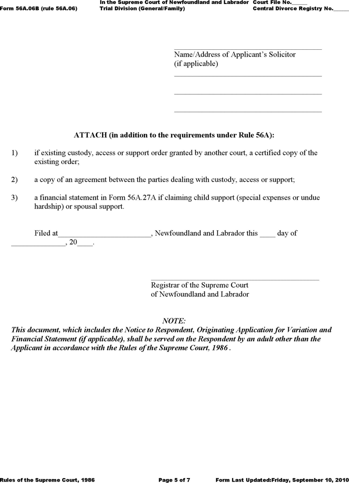 Newfoundland and Labrador Originating Application for Variation Form Page 5