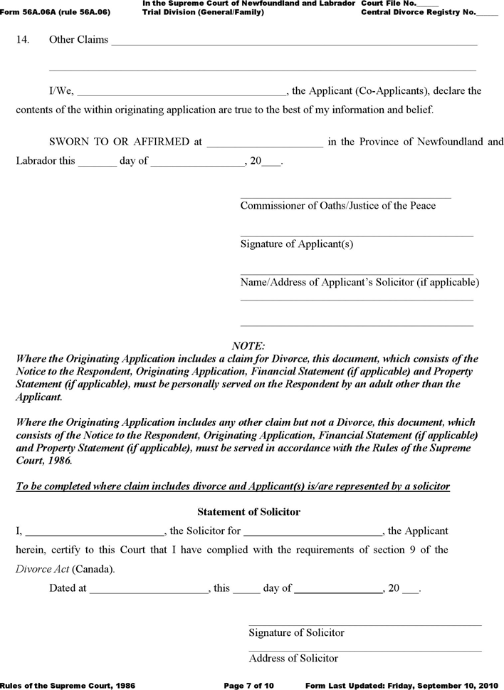 Newfoundland and Labrador Originating Application Form Page 7