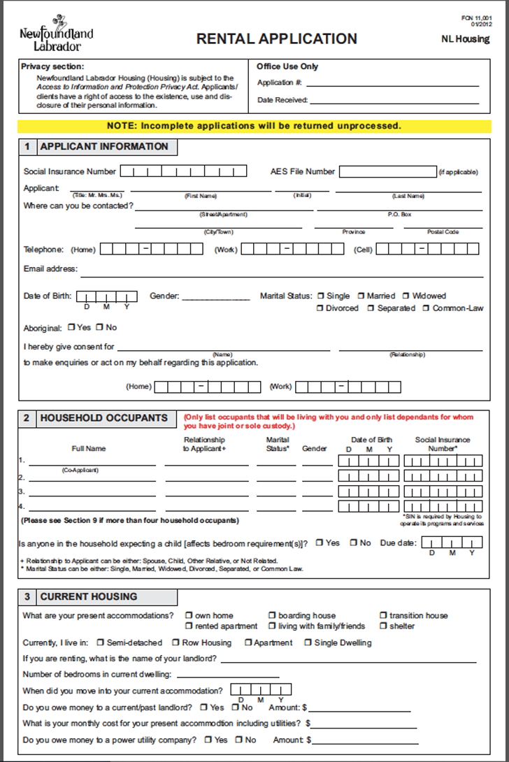 Newfoundland and Labrador Rental Application Form