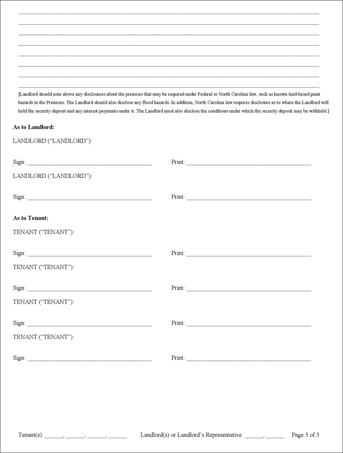 North Carolina Residential Lease Agreement Template Page 5