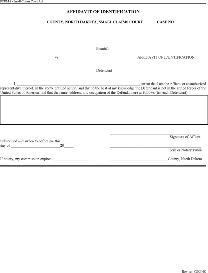 Free North Dakota Affidavit of Identification Form PDF 51KB 1 Page(s)