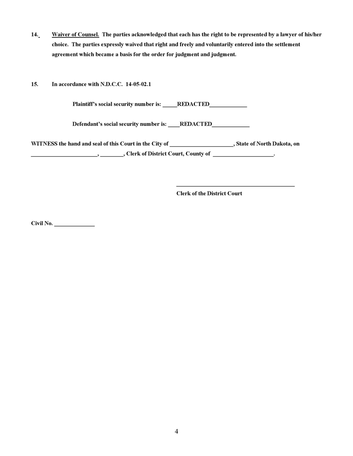 North Dakota Judgment Redacted Form Page 4