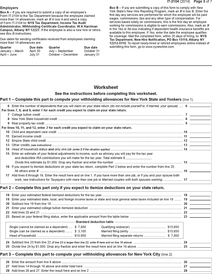 NY IT-2104 Employee's Withholding Allowance Form Page 3
