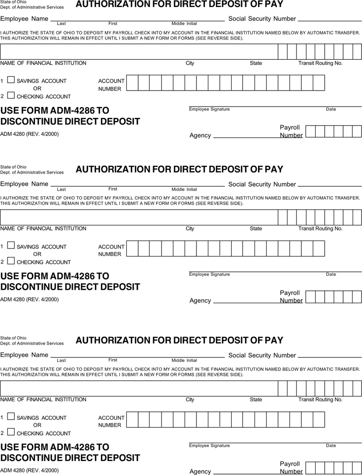 Free Ohio Direct Deposit Form PDF 8KB 2 Page(s)