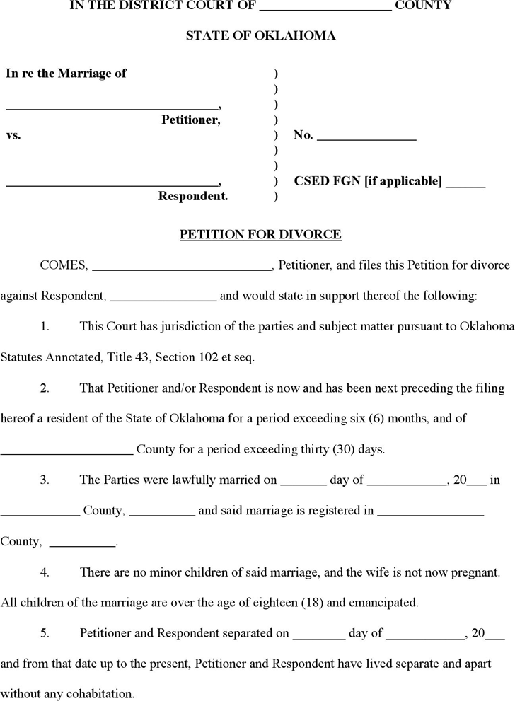 Free Oklahoma Petition for Divorce Form doc 61KB 4 Page(s)