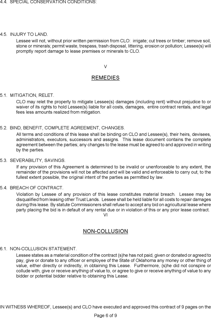 Oklahoma School Land Trust Surface Agricultural Lease Contract Form Page 6