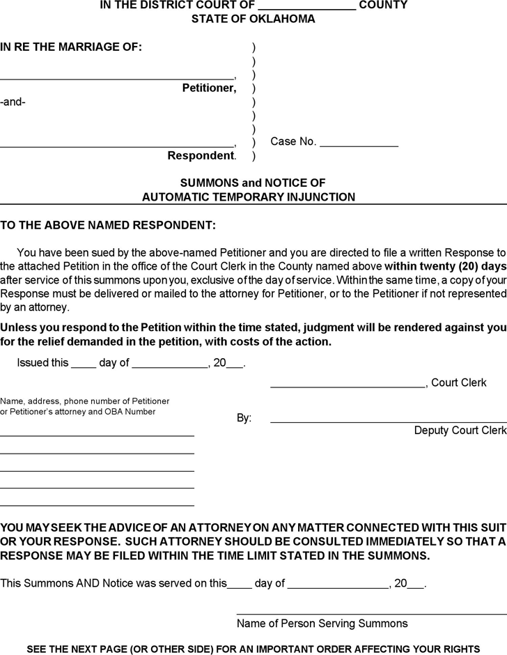 Oklahoma Summons and Notice of Automatic Temporary Injunction Form
