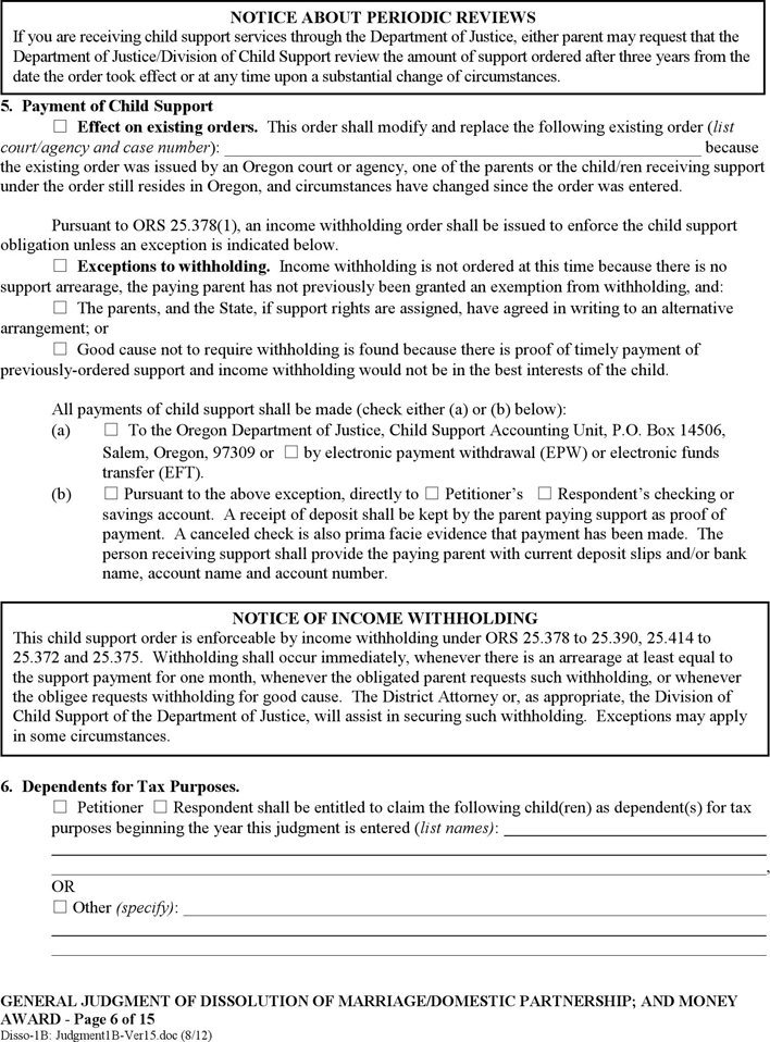 Oregon General Judgment of Dissolution and Money Award (with Children) Form Page 6