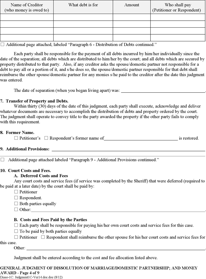 Oregon General Judgment of Dissolution and Money Award (without Children) Form Page 4