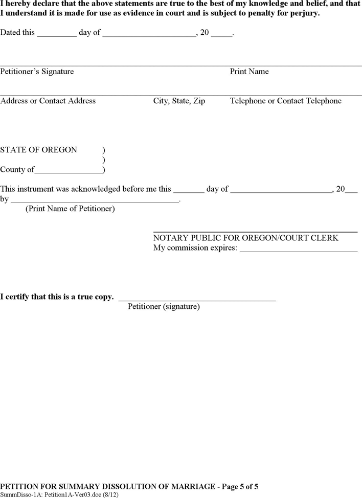 Oregon Petition for Summary Dissolution Form Page 5