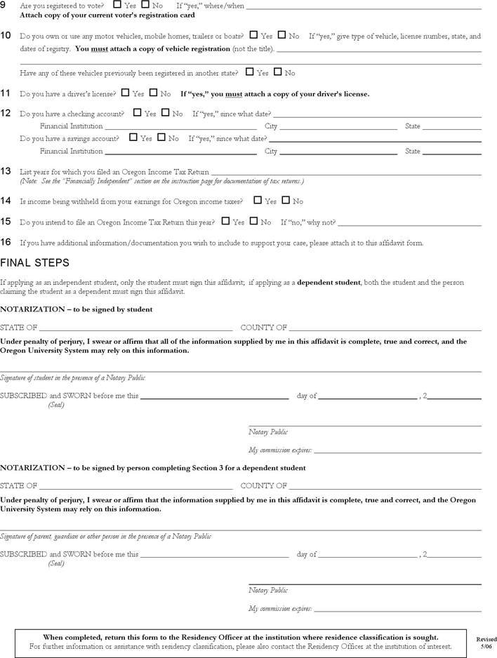 Oregon Residence Information Affidavit Form Page 6
