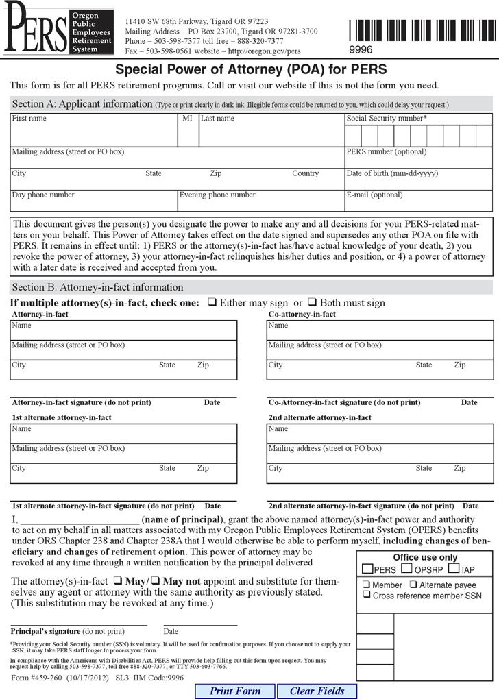 Free Oregon Special Power of Attorney for PERS Form PDF 117KB 1
