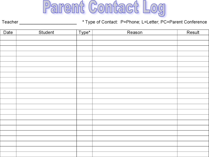 Free Parent Contact Log doc 39KB 2 Page(s)
