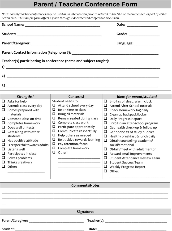 Parent Teacher Conference Forms Template Free Download Speedy Template