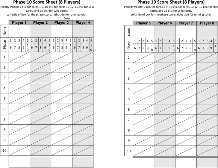 Printable Pdf Printable Phase 10 Score Sheet