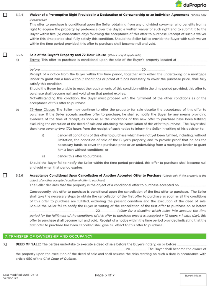 Quebec Offer to Purchase - Residential Form Page 5