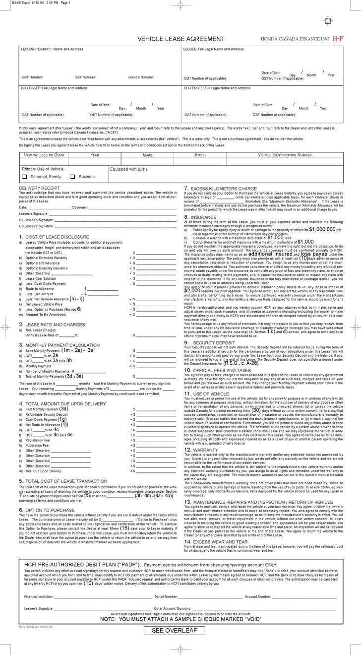 Quebec Vehicle Lease Agreement Form