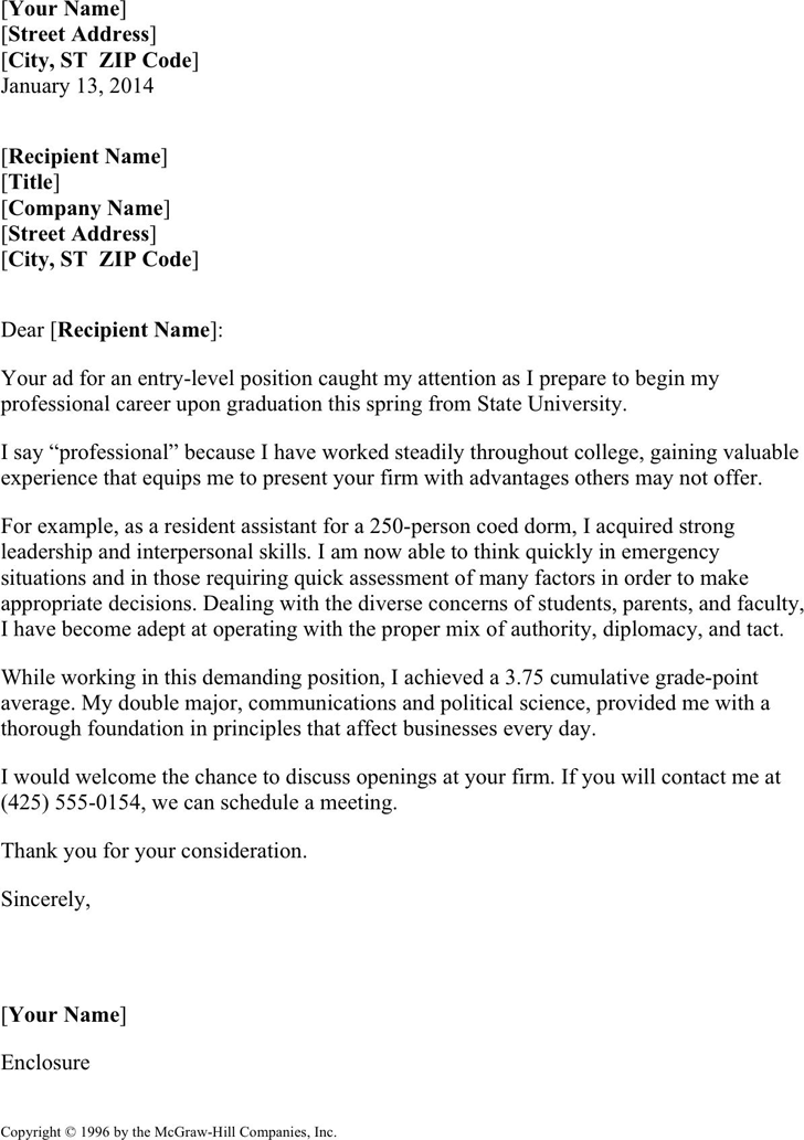 sample cover letter for resume for college students