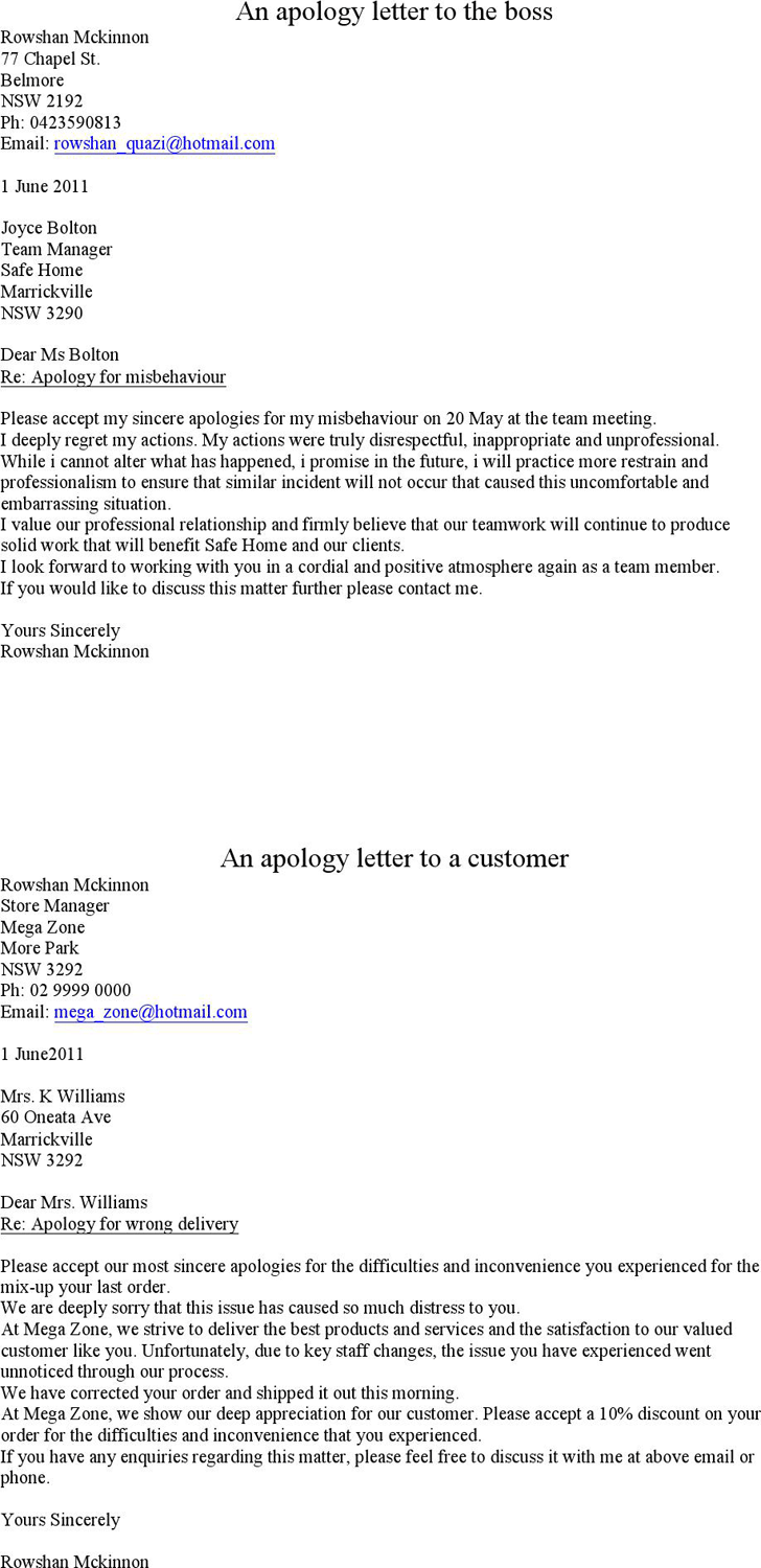 sample apology letter to employer