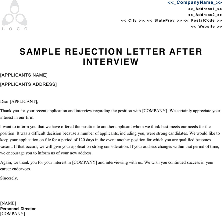 Rejection Letter Sample Template Free Download Speedy Template