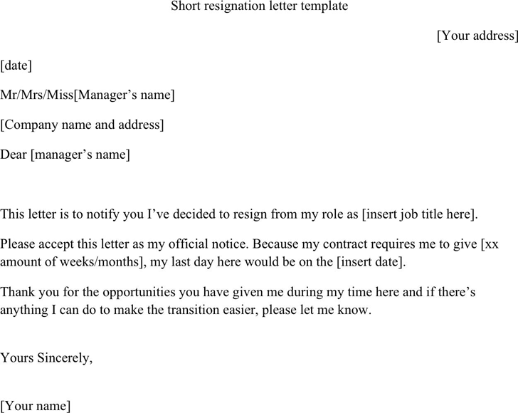 Free Short Resignation Letter Template Docx 14kb 1 Page S
