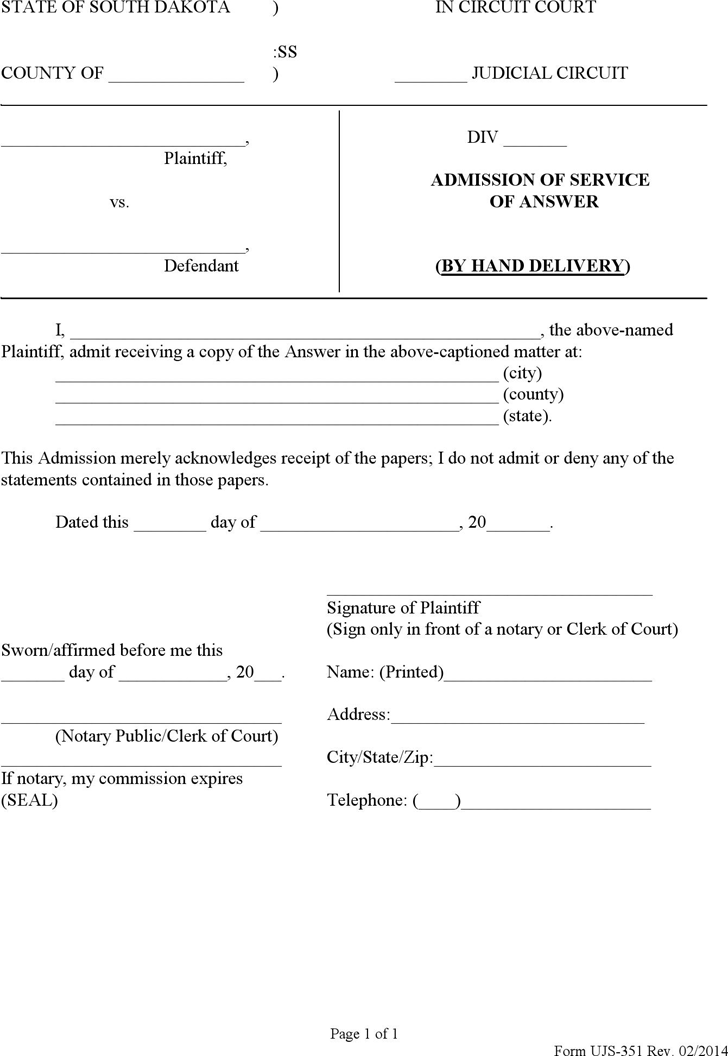 South Dakota Admission of Service For Answer Form