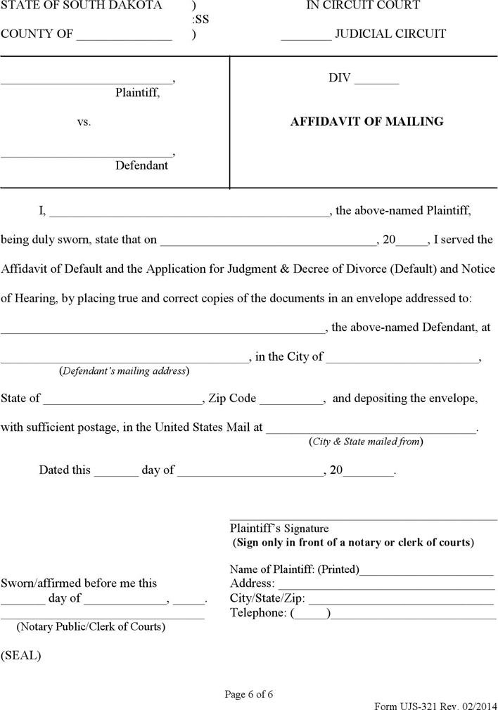South Dakota Affidavit of Default, Application for Judgment & Decree of Divorce (Default), Notice of Hearing and Affidavit of Mailing (with Minor Children) Form Page 6