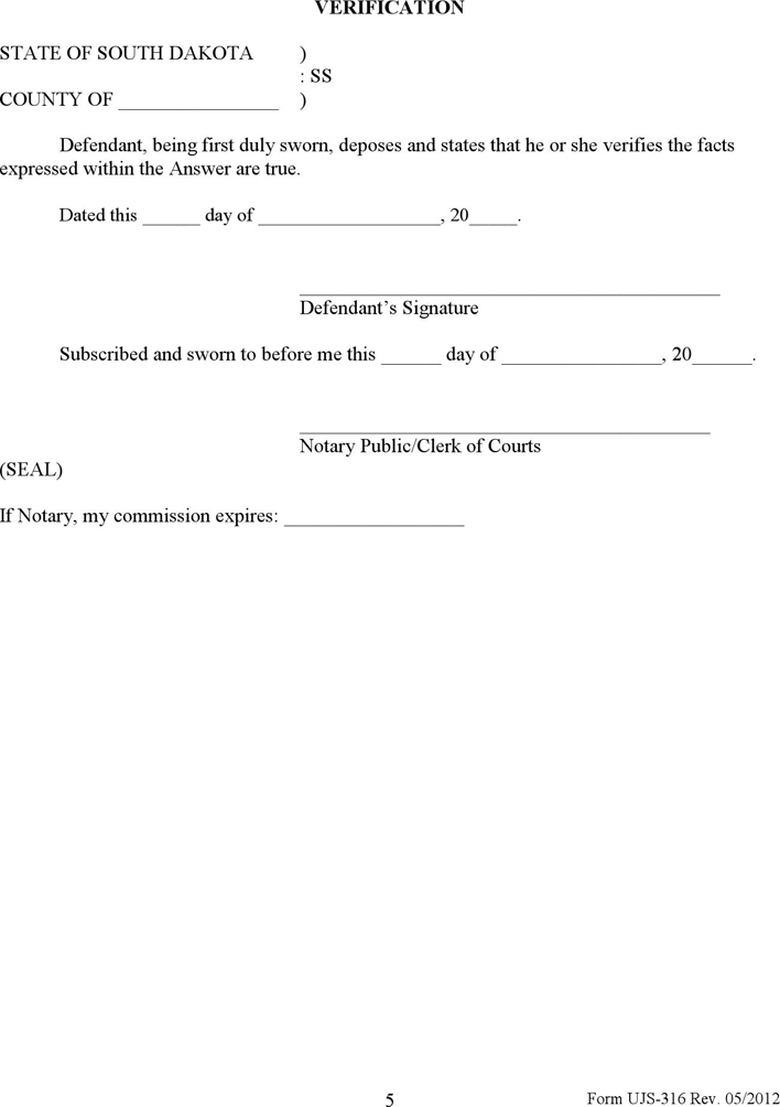 South Dakota Answer Form (without Minor Children) Form Page 5