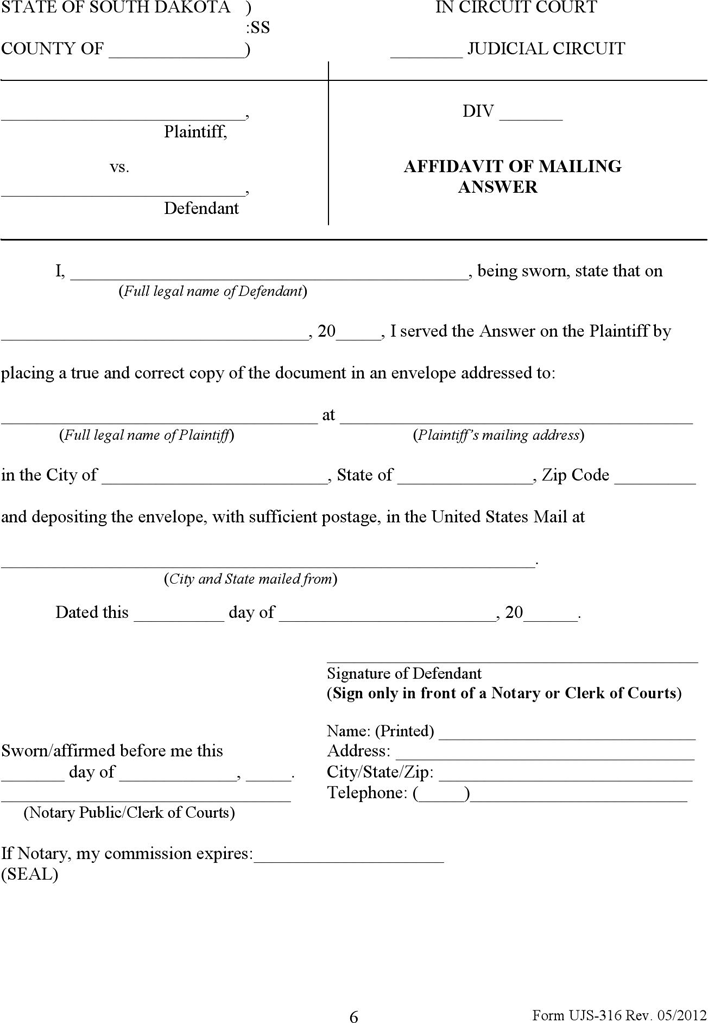South Dakota Answer Form (without Minor Children) Form Page 6