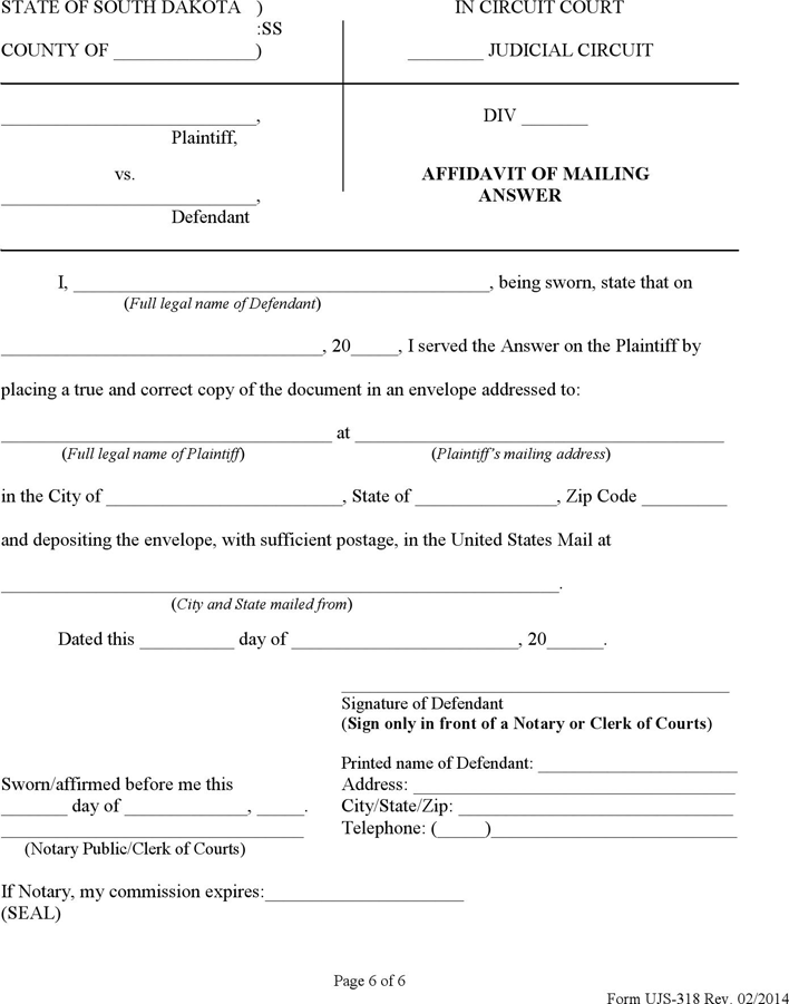 South Dakota Answer (with Minor Children) Form Page 6