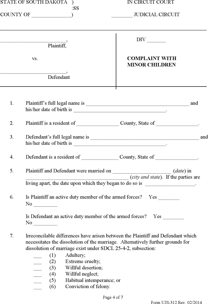 South Dakota Complaint (with Minor Children) Form Page 4