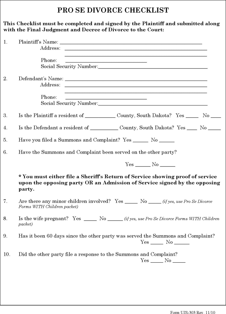 South Dakota pro se Divorce Checklist Form